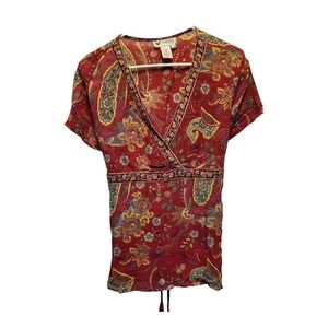 Papillon Red and Gold Women's Short Sleeve Tie Front Blouse- Size L